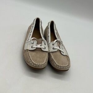 Sebago Womens Size 7.5M Beige Suede White Leather Loafer Boat Shoes.